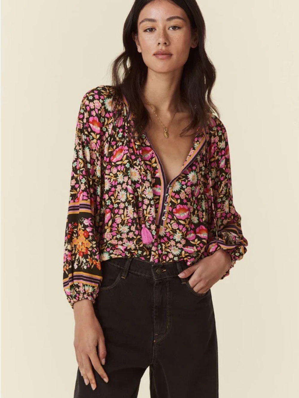 Spell Impala Tie Blouse - Night Blossom Floral Button-Front Peasant Blouse - S - Picture 2 of 6